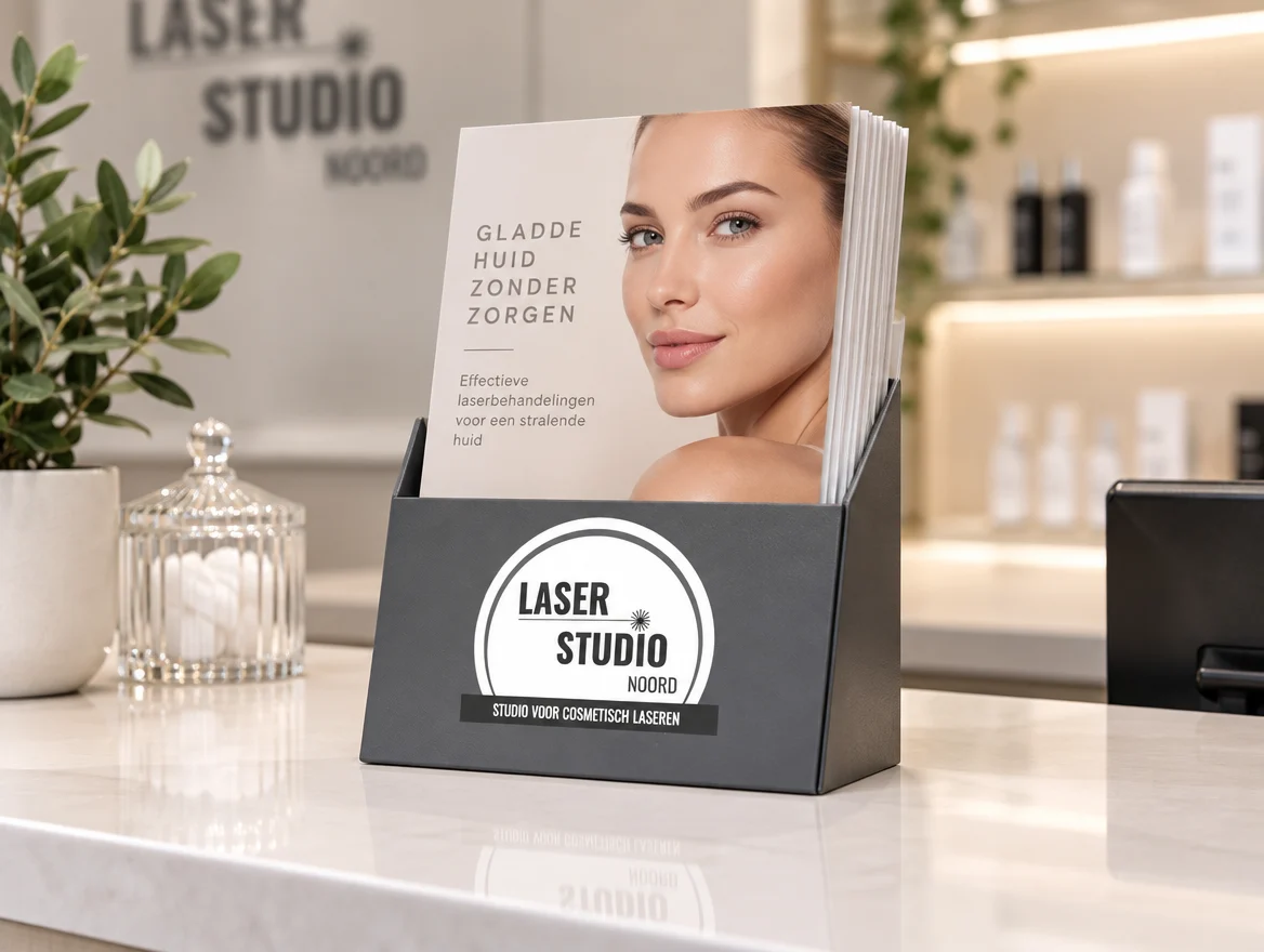 Folderdisplay op een balie, ontwerp voor Laser Studio Noord