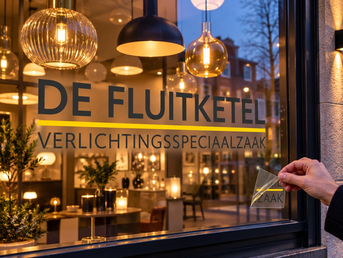 Raamsticker zonder lijm op een etalageruit, ontwerp voor De Fluitketel