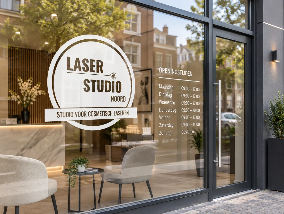 Raamstickers met logo en openingstijden, ontwerp voor Laser Studio Noord
