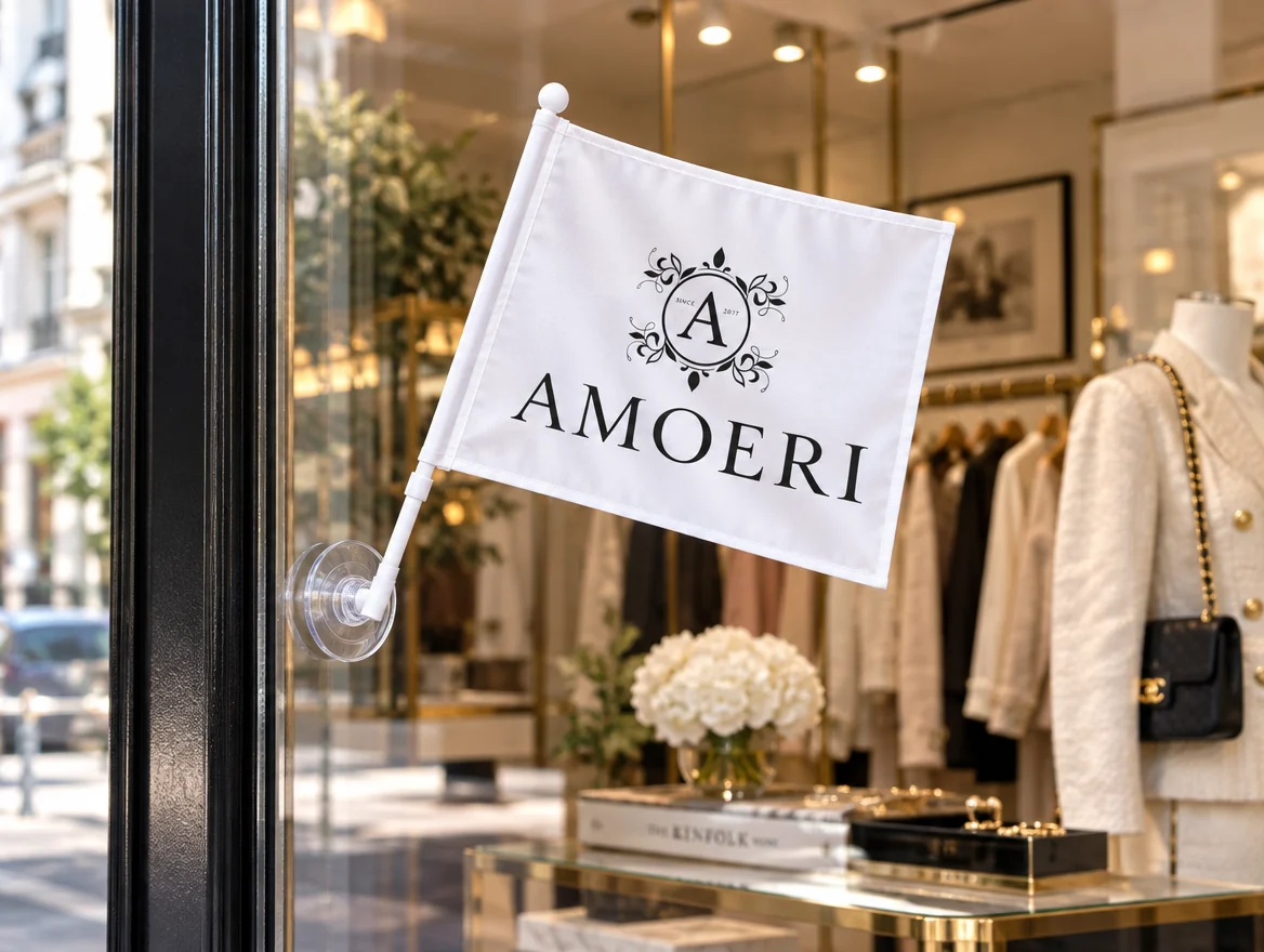 Raamvlag met zuignap aan een etalageruit, ontwerp voor AMOERI