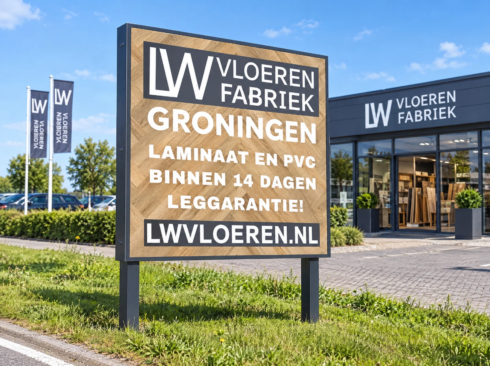 Toepassingsvoorbeeld: reclamebord op palen, met logo van LW Vloeren Fabriek