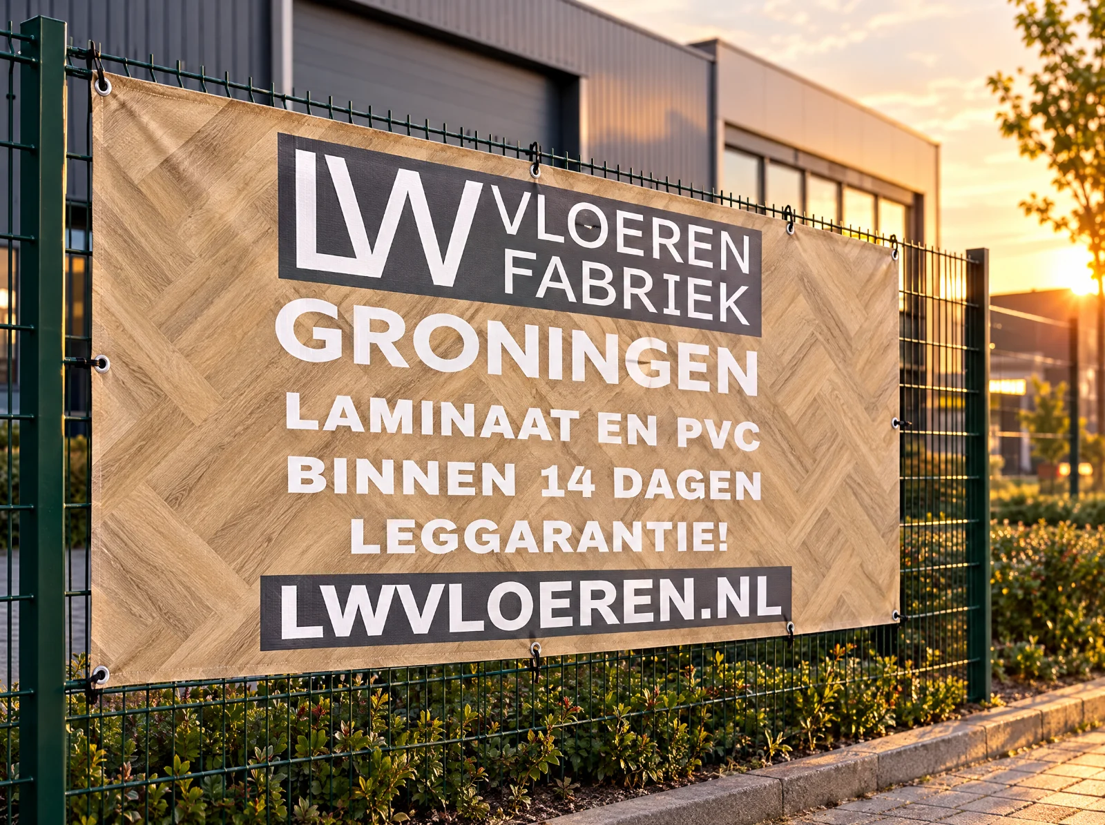 Spandoek op maat met ringen aan een hekwerk, ontwerp voor LW Vloeren Fabriek