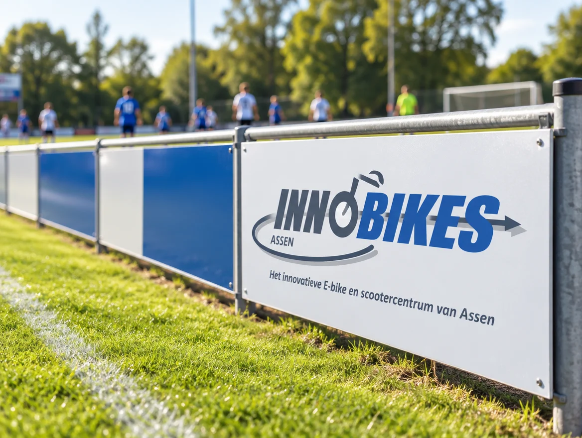 Toepassingsvoorbeeld: sportveldbord langs het veld, met logo van Innobikes Assen