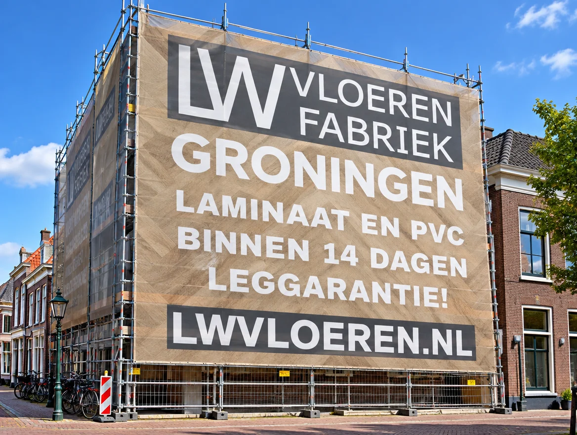 Steigerdoek op een gevel, ontwerp voor LW Vloeren Fabriek