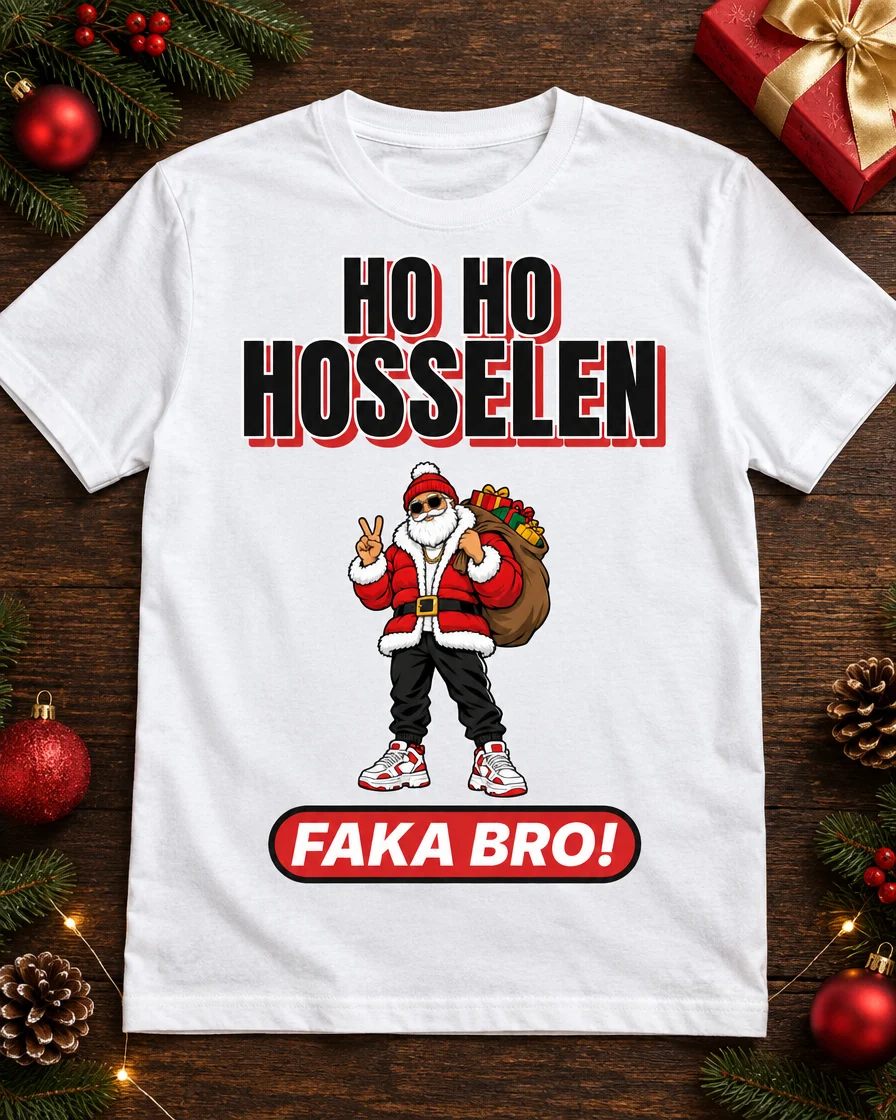 Toepassingsvoorbeeld: wit T-shirt Ho Ho Hosselen met kerstdecoratie