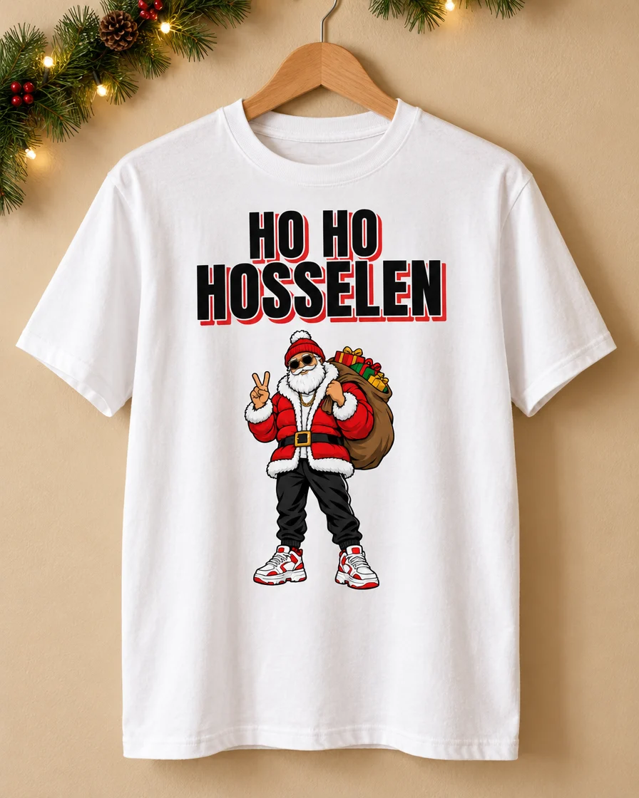 Toepassingsvoorbeeld: wit T-shirt Ho Ho Hosselen aan een hanger