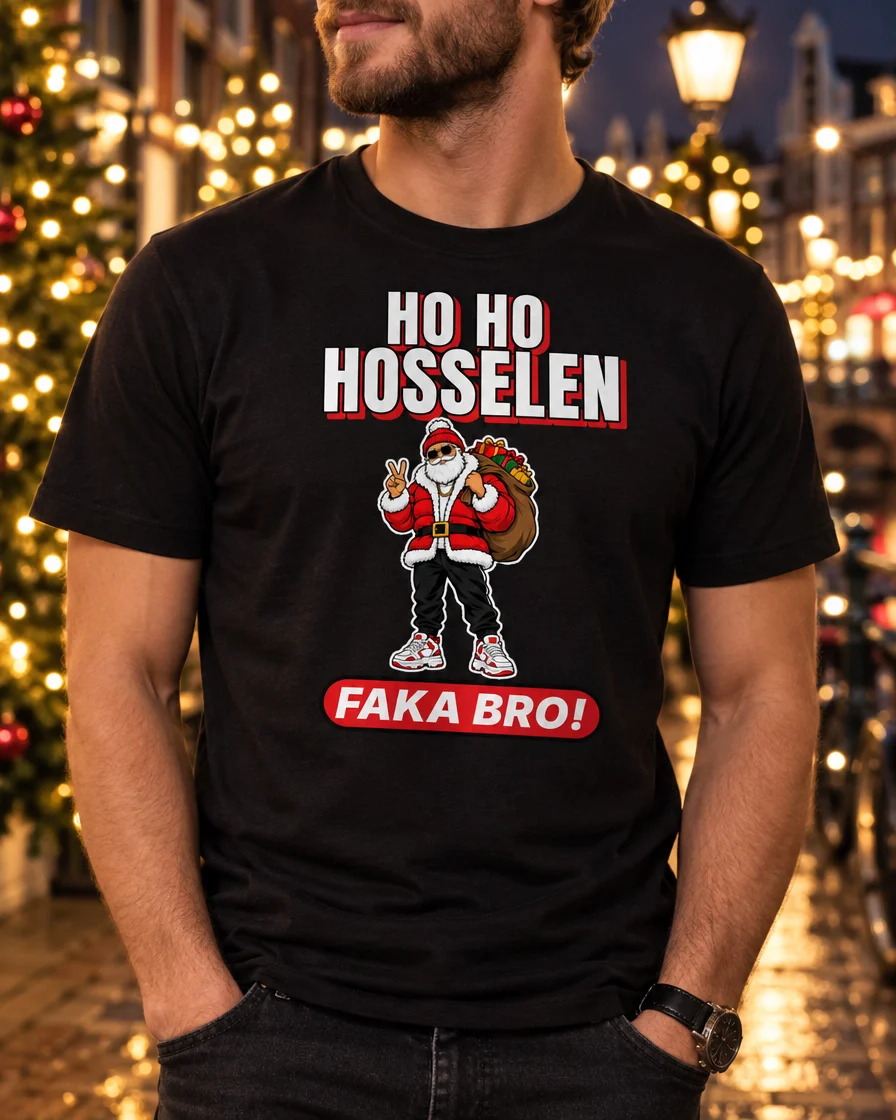 Toepassingsvoorbeeld: zwart T-shirt Ho Ho Hosselen gedragen