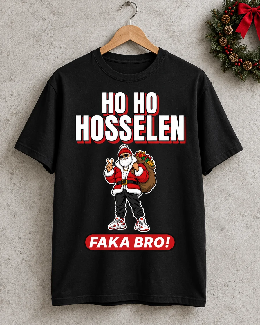 Toepassingsvoorbeeld: zwart T-shirt Ho Ho Hosselen aan een hanger
