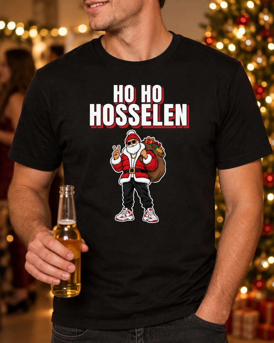 Toepassingsvoorbeeld: zwart T-shirt Ho Ho Hosselen gedragen