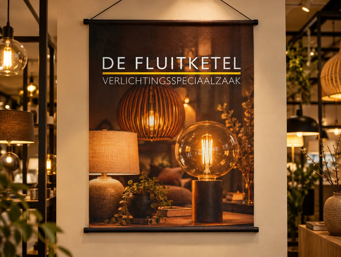 Textielposter in een winkel, ontwerp voor De Fluitketel