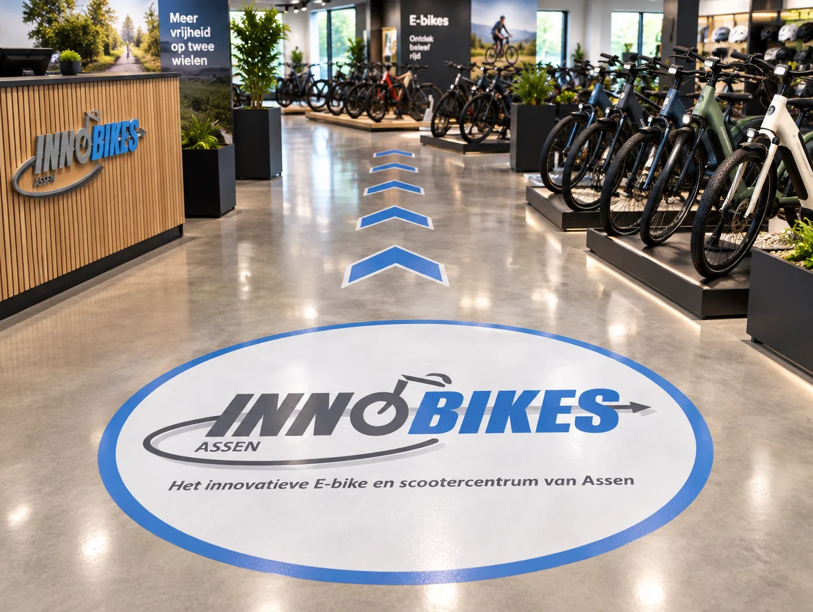 Vloerstickers in een showroom, ontwerp voor Innobikes Assen