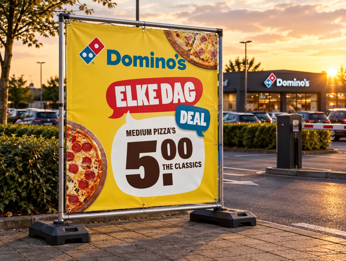 Vrijstaand spandoekframe bij een parkeerplaats, ontwerp voor Domino's