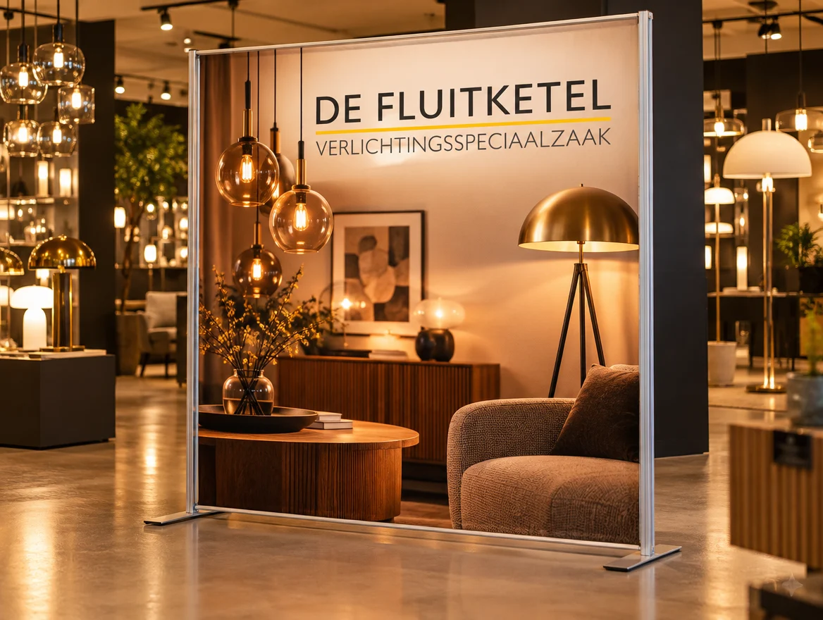 Vrijstaand textielframe in een showroom, ontwerp voor De Fluitketel