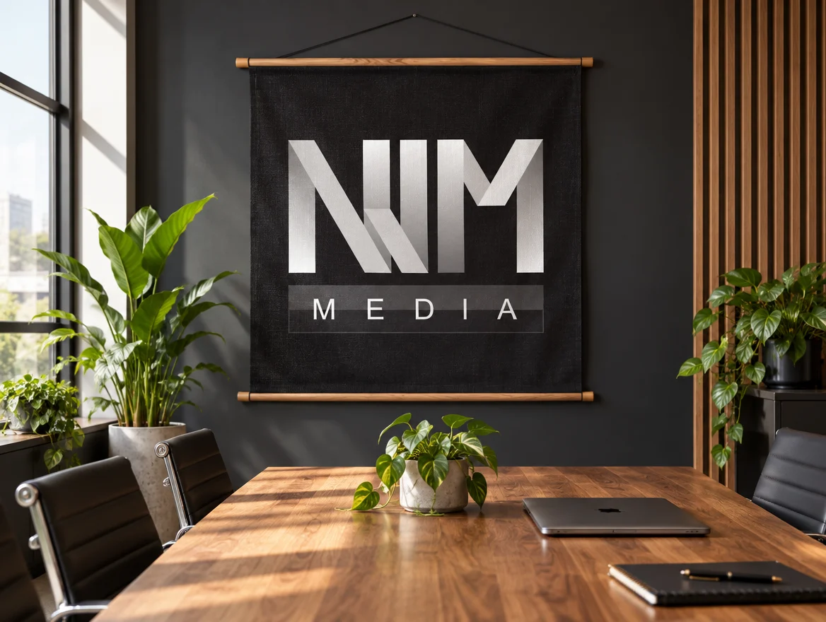Wandkleed met NJM Media-logo in een vergaderruimte