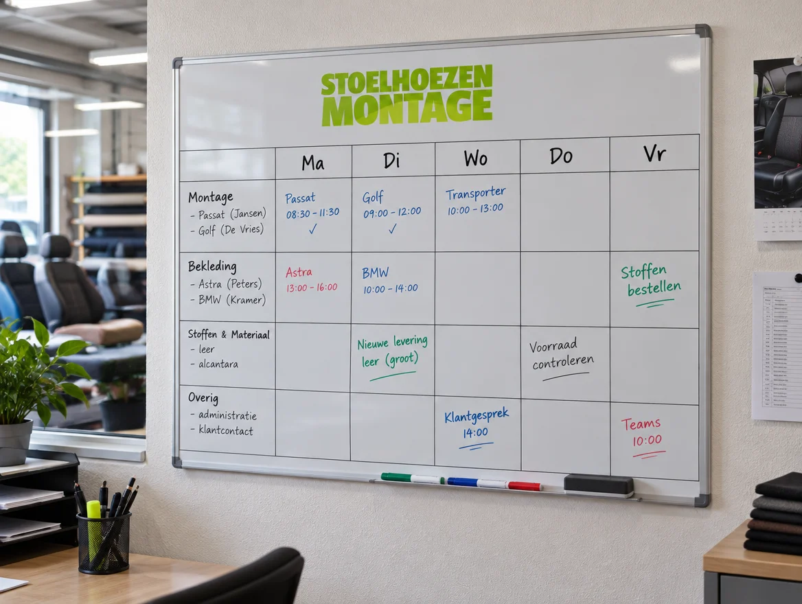 Whiteboard met weekplanning, ontwerp voor Stoelhoezenmontage