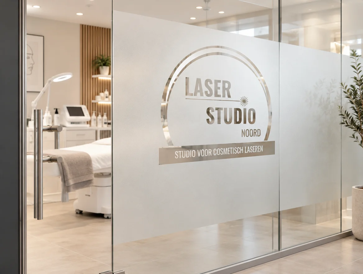 Zandstraalfolie met uitgespaard logo op een glazen wand, ontwerp voor Laser Studio Noord