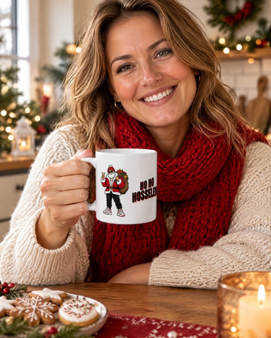 Iemand drinkt uit de Street Christmas mok Ho Ho Hosselen