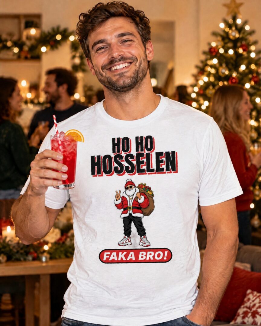 Model draagt het witte Street Christmas T-shirt Ho Ho Hosselen met Faka bro