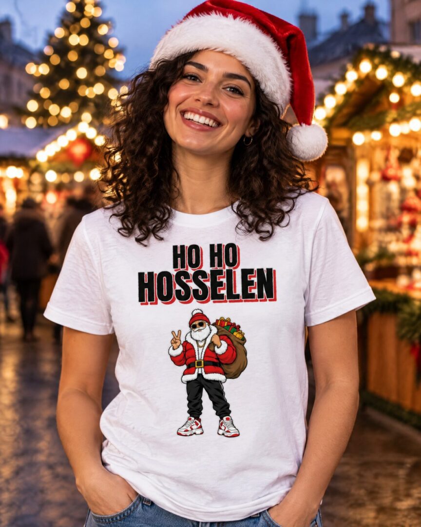 Model draagt het wit Street Christmas T-shirt Ho Ho Hosselen