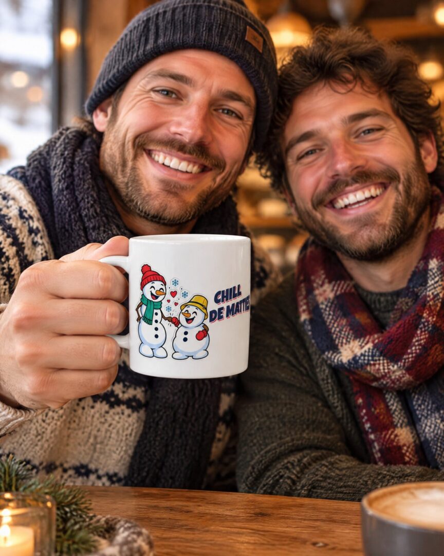 Iemand drinkt uit de Winter mok Chill met de Matties