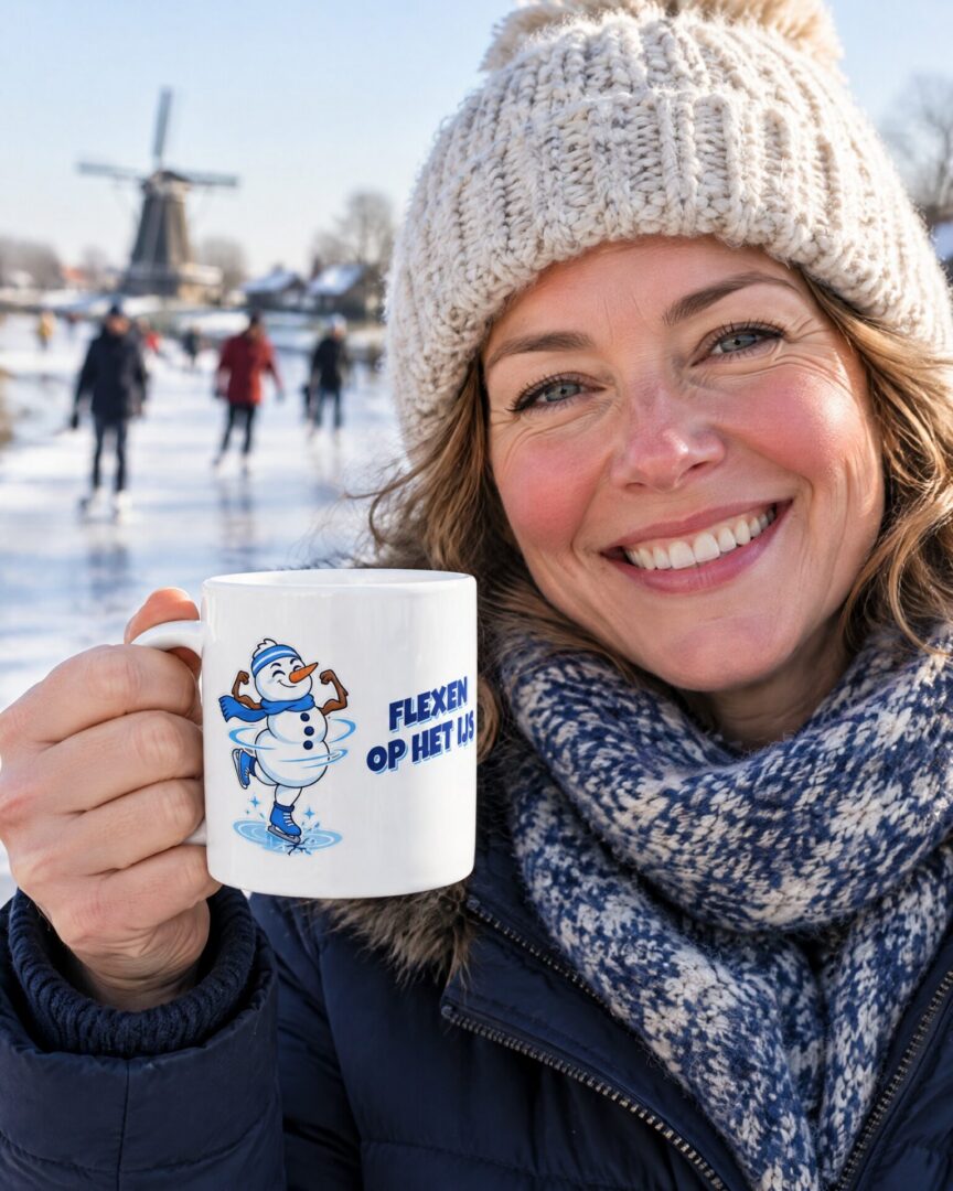 Iemand drinkt uit de Winter mok Flexen op het IJs