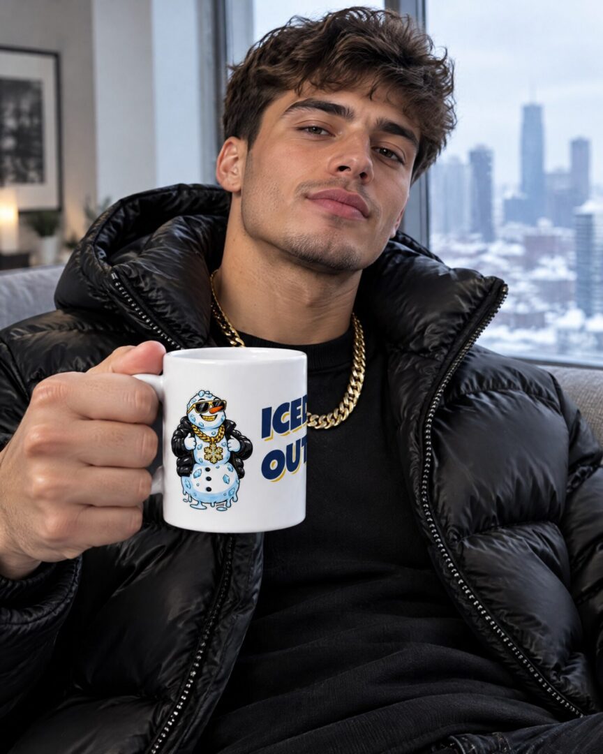 Iemand drinkt uit de Winter mok Iced Out