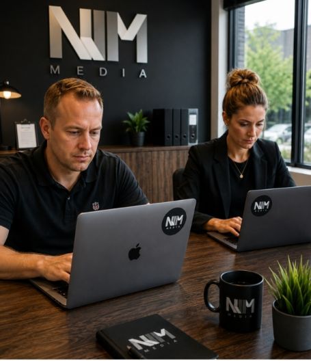 NJM media kantoor achter de macbook en laptop